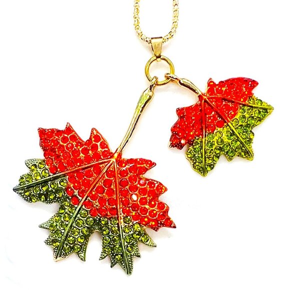 Orange & Green Maple Fall LEAVES Pendant Necklace - Picture 2 of 2